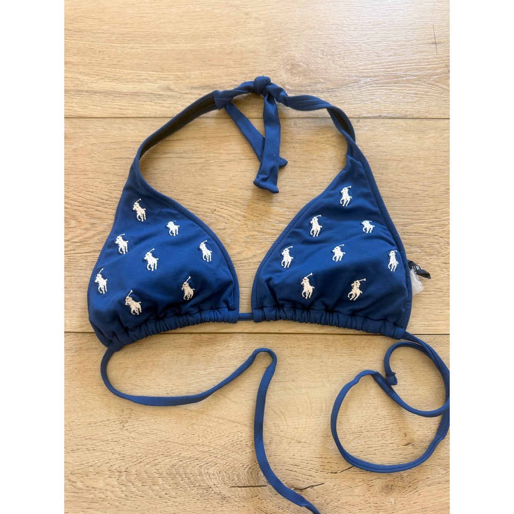 Vintage Ralph Lauren Bikini Top Women S Blue Embroidered Triangle Swim 396